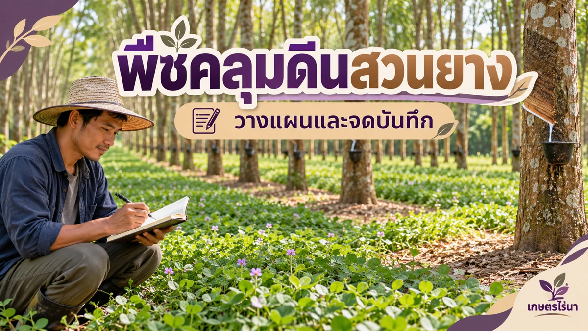 พืชคลุมดินสวนยาง วางแผนไฟในฤดูแล้ง ภาพประกอบพร้อมข้อความไทย