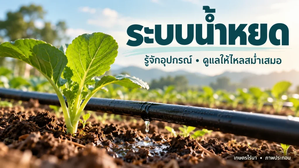 หยดน้ำจากสายลงบริเวณรากผัก พร้อมข้อความระบบน้ำหยด รู้จักอุปกรณ์และดูแลให้ไหลสม่ำเสมอ