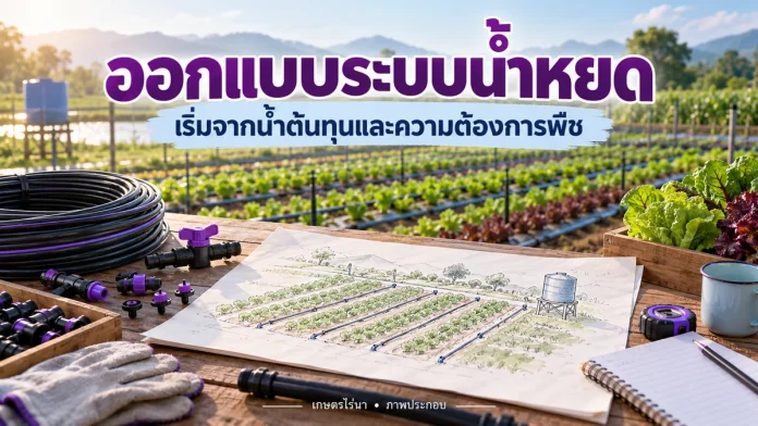 drip-design-cover ผังแปลงและอุปกรณ์น้ำหยด พร้อมข้อความออกแบบระบบน้ำหยดจากน้ำต้นทุนและความต้องการพืช