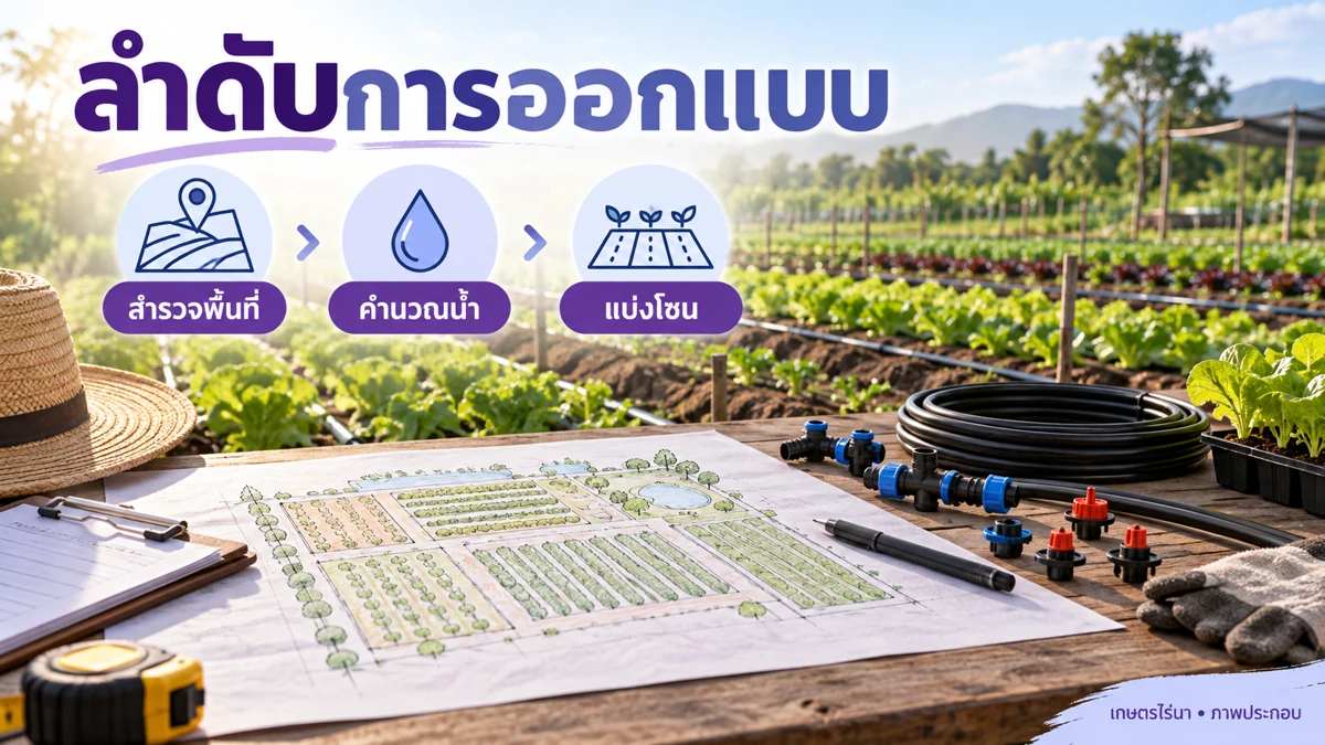 ลำดับออกแบบระบบน้ำหยด สำรวจพื้นที่ คำนวณน้ำ และแบ่งโซน