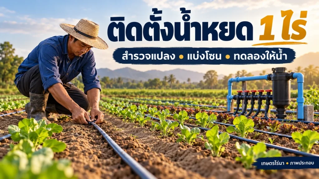 เกษตรกรจัดสายน้ำหยดตามแนวผัก พร้อมข้อความติดตั้งน้ำหยด 1 ไร่