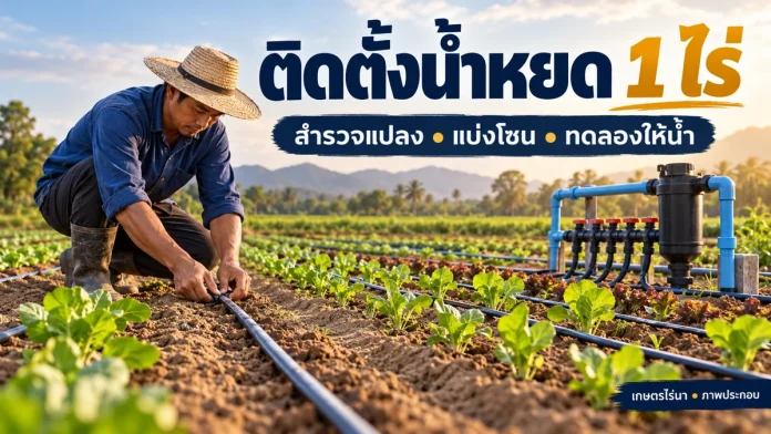 drip-one-rai-cover เกษตรกรจัดสายน้ำหยดตามแนวผัก พร้อมข้อความติดตั้งน้ำหยด 1 ไร่
