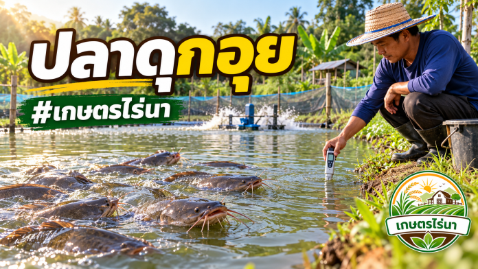 ปลาดุกอุย วิธีเลี้ยงและดูแลคุณภาพน้ำ ปลาดุกอุยในบ่อเลี้ยง เกษตรกรตรวจคุณภาพน้ำ พร้อมโลโก้เกษตรไร่นา