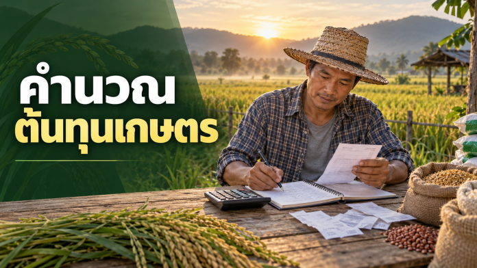farm-cost-calculation-cover เกษตรกรคำนวณต้นทุนการผลิตด้วยสมุดบัญชีและเครื่องคิดเลขข้างแปลง