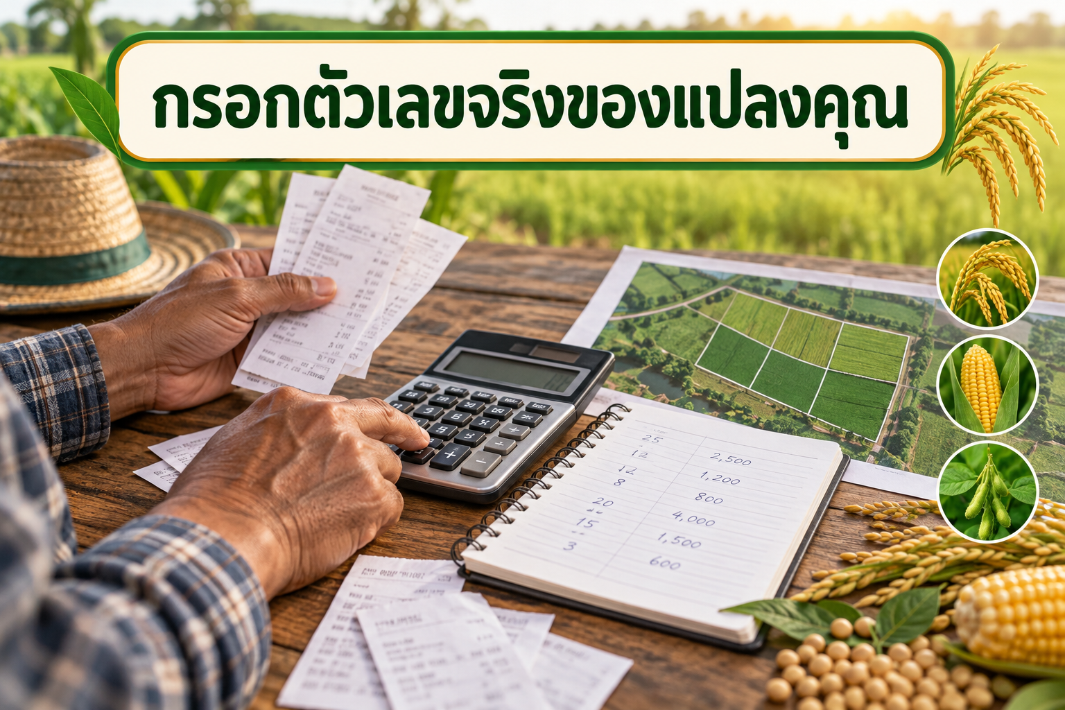 เกษตรกรกรอกตัวเลขจริงจากใบเสร็จและสมุดบันทึกของแปลง