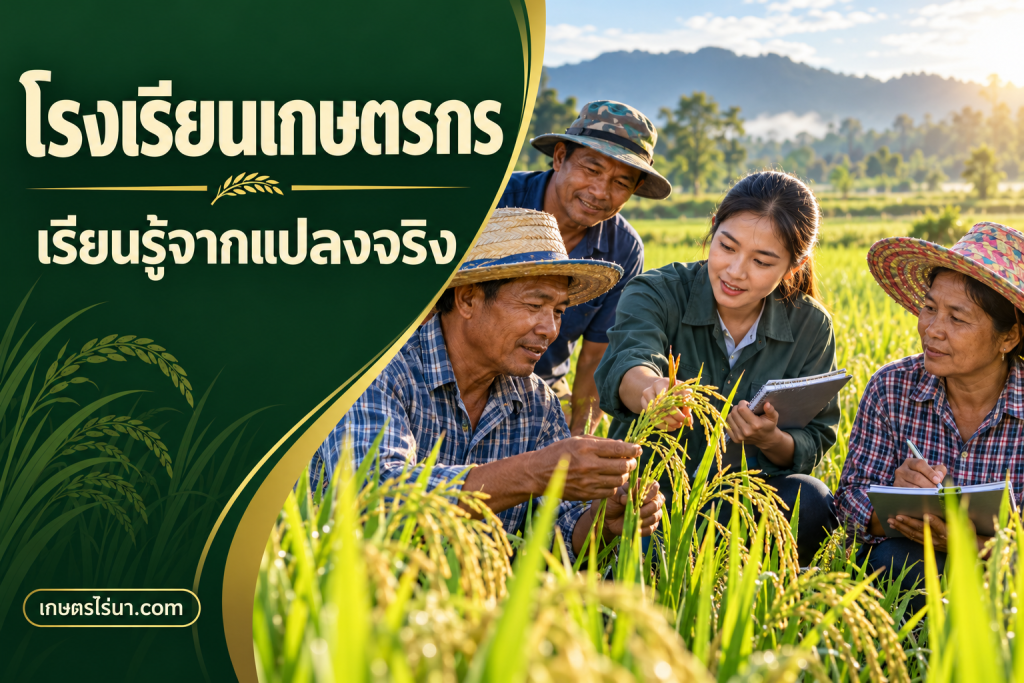 ภาพประกอบเกษตรกรสำรวจต้นข้าว พร้อมข้อความ โรงเรียนเกษตรกร เรียนรู้จากแปลงจริง