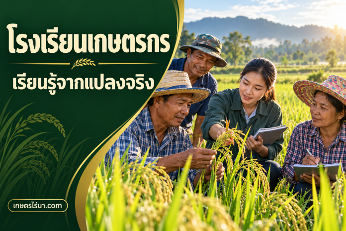 farmer-field-school-cover ภาพประกอบเกษตรกรสำรวจต้นข้าว พร้อมข้อความ โรงเรียนเกษตรกร เรียนรู้จากแปลงจริง