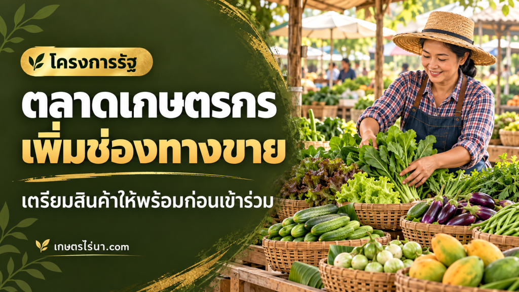 ภาพประกอบเกษตรกรขายผักในตลาด พร้อมข้อความ ตลาดเกษตรกร เพิ่มช่องทางขาย