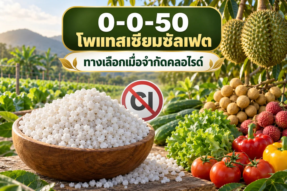 ภาพข้อความปุ๋ย 0-0-50 โพแทสเซียมซัลเฟตเป็นทางเลือกเมื่อจำกัดคลอไรด์