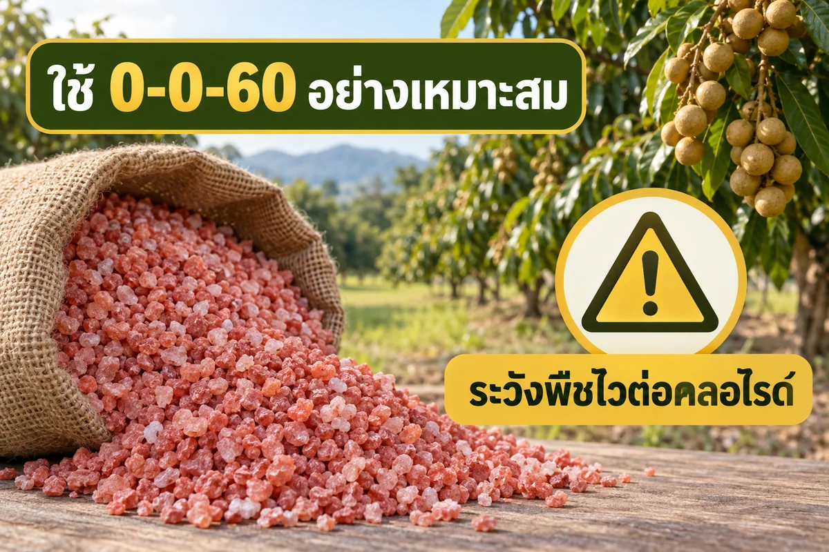 ภาพข้อความแนะนำการใช้ปุ๋ย 0-0-60 และระวังพืชไวต่อคลอไรด์