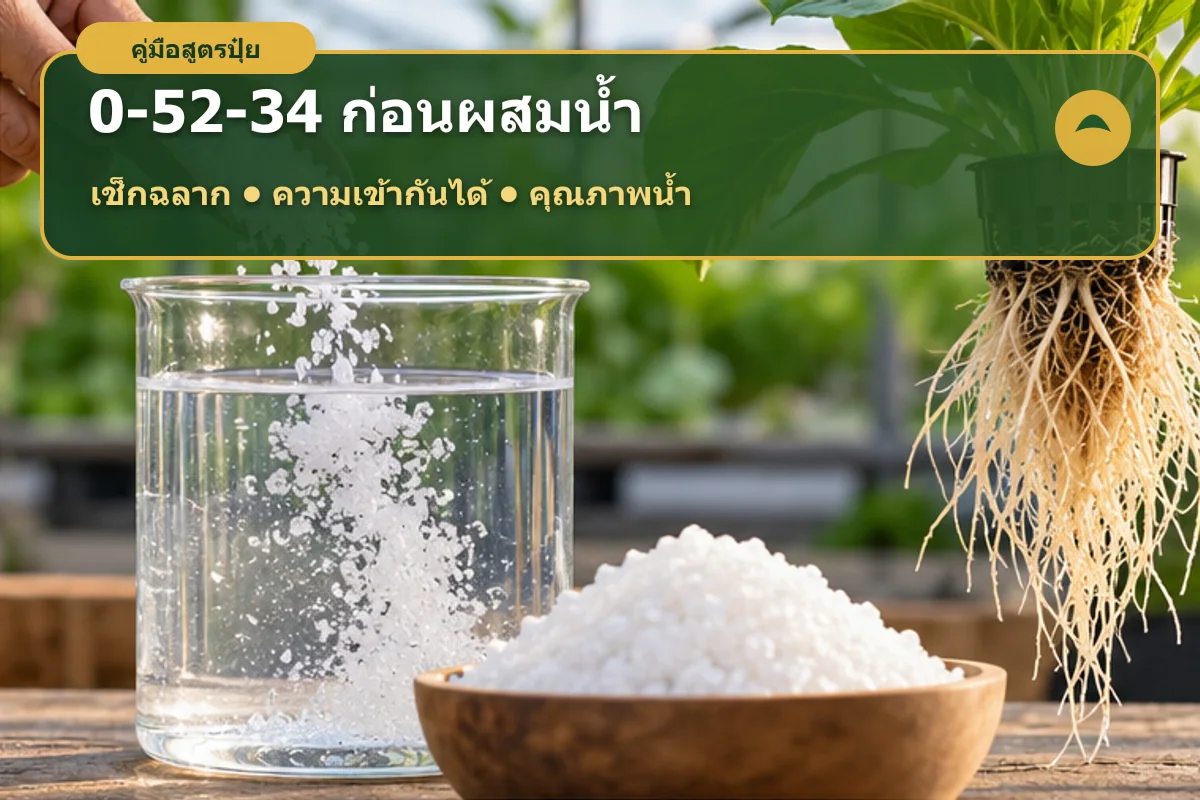 ภาพอธิบายว่าปุ๋ย 0-52-34 ต้องตรวจฉลาก คุณภาพน้ำ และความเข้ากันได้ก่อนใช้