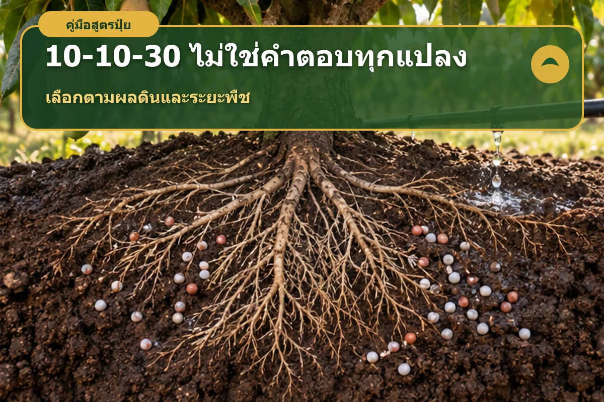 อินโฟกราฟิกปุ๋ย 10-10-30 เตือนให้ตรวจผลดินก่อนเลือกสูตรโพแทชสูง