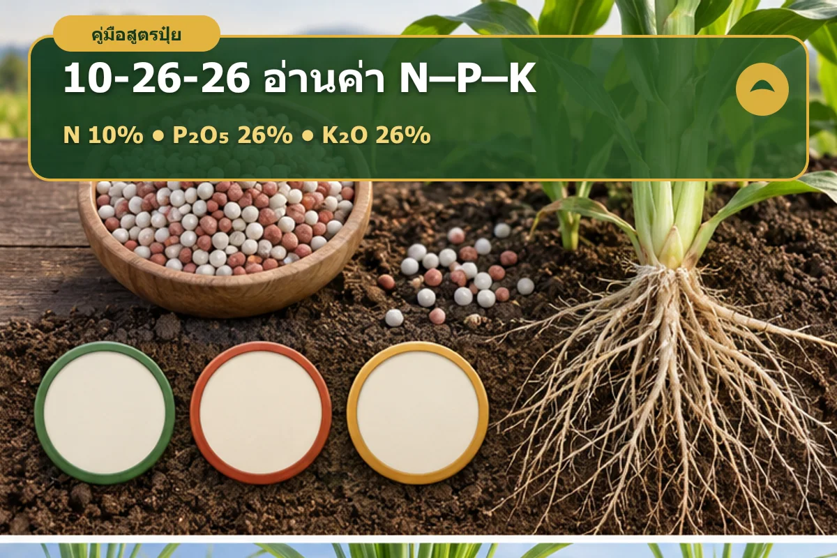 อินโฟกราฟิกการคำนวณไนโตรเจน ฟอสเฟต และโพแทชจากปุ๋ย 10-26-26