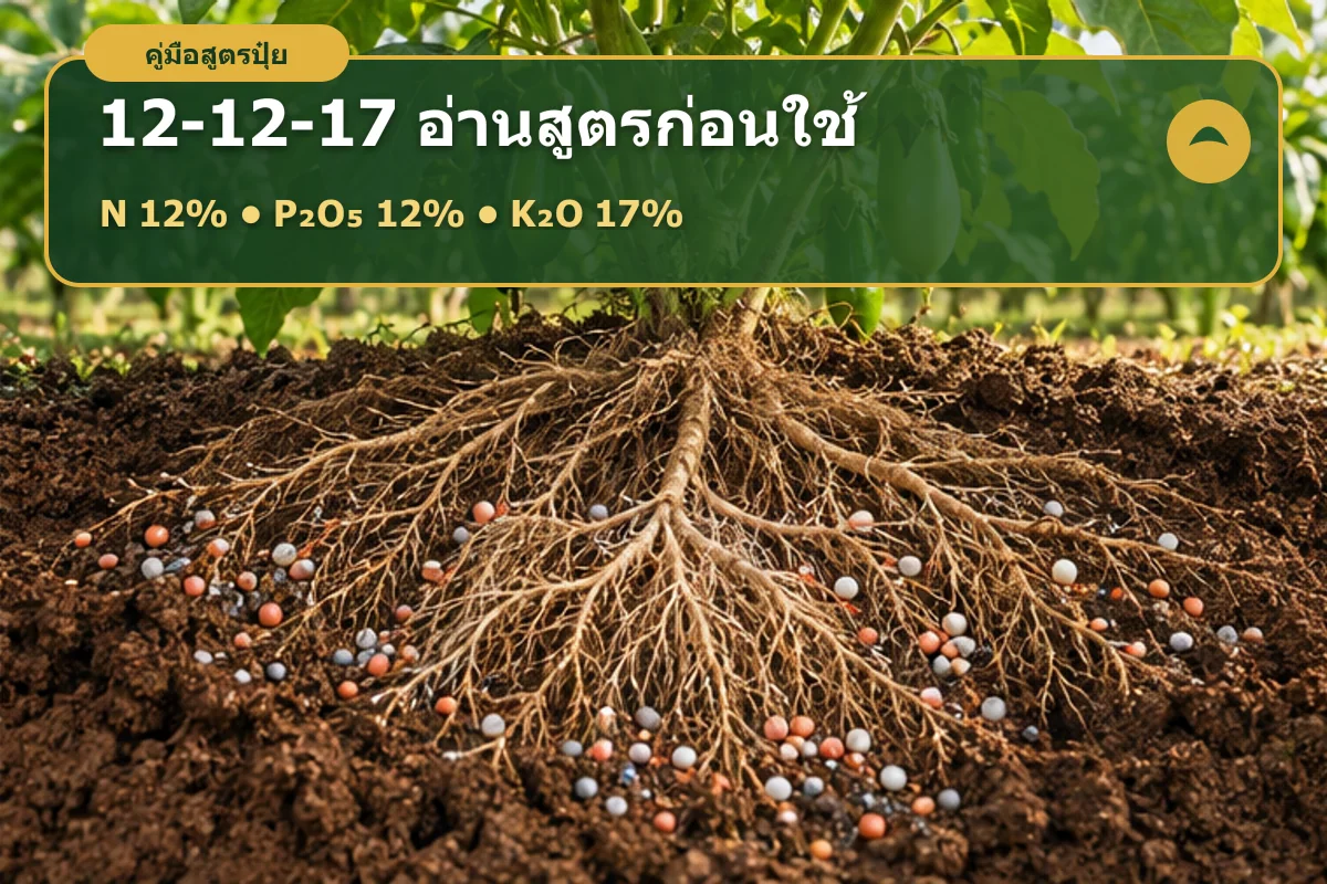 อินโฟกราฟิกปุ๋ย 12-12-17 แสดงไนโตรเจน 12 ฟอสเฟต 12 และโพแทช 17 เปอร์เซ็นต์