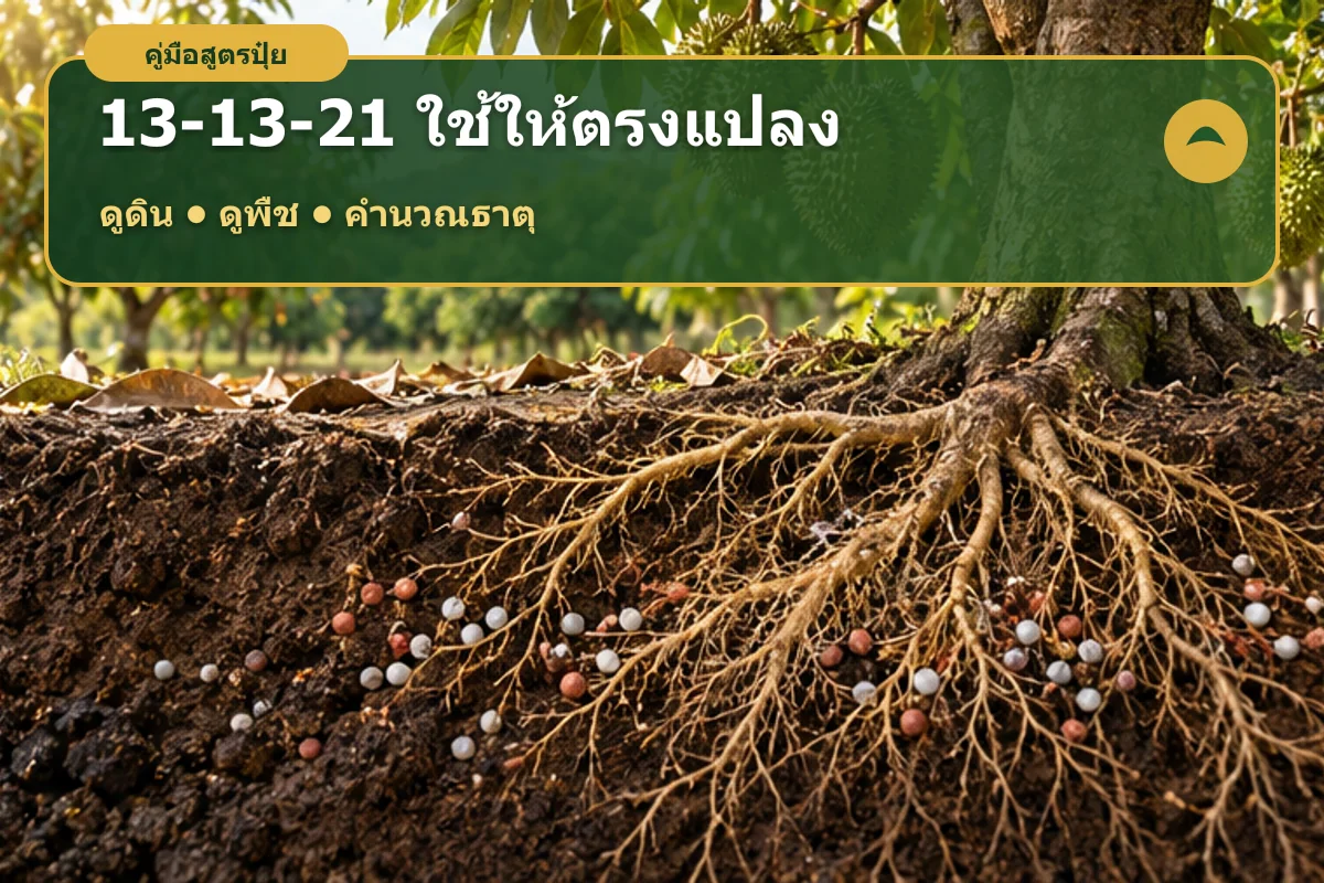ภาพอธิบายว่าปุ๋ย 13-13-21 ต้องคำนวณ N P₂O₅ และ K₂O ครบก่อนใช้