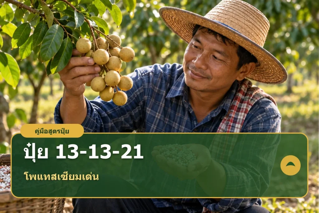 ภาพปกบทความปุ๋ยสูตร 13-13-21 พร้อมข้อความเลือกใช้ตามผลดินและพืช