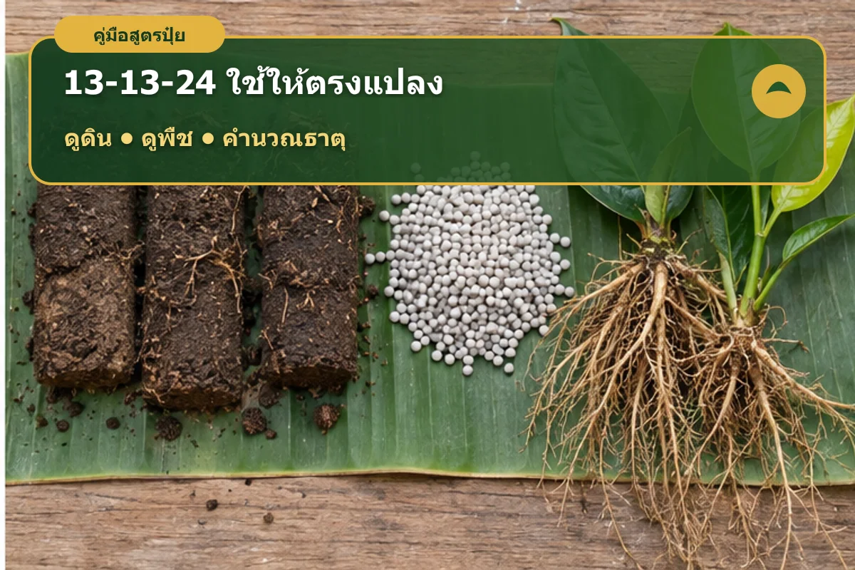 อินโฟกราฟิกปุ๋ย 13-13-24 แสดงไนโตรเจน 13 ฟอสเฟต 13 และโพแทช 24 เปอร์เซ็นต์