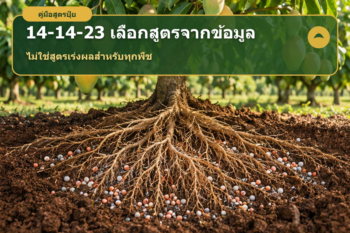 ภาพแนะนำให้คำนวณปุ๋ย 14-14-23 ก่อนใช้และไม่เหมารวมว่าเพิ่มความหวานได้ทุกแปลง