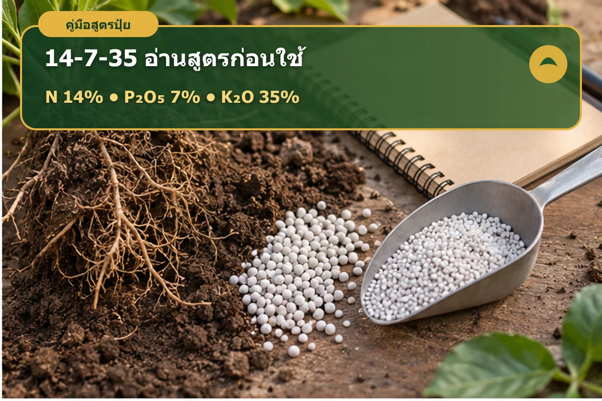 อินโฟกราฟิกสัดส่วนปุ๋ย 14-7-35 และคำแนะนำให้คำนวณธาตุทั้งสามก่อนใช้