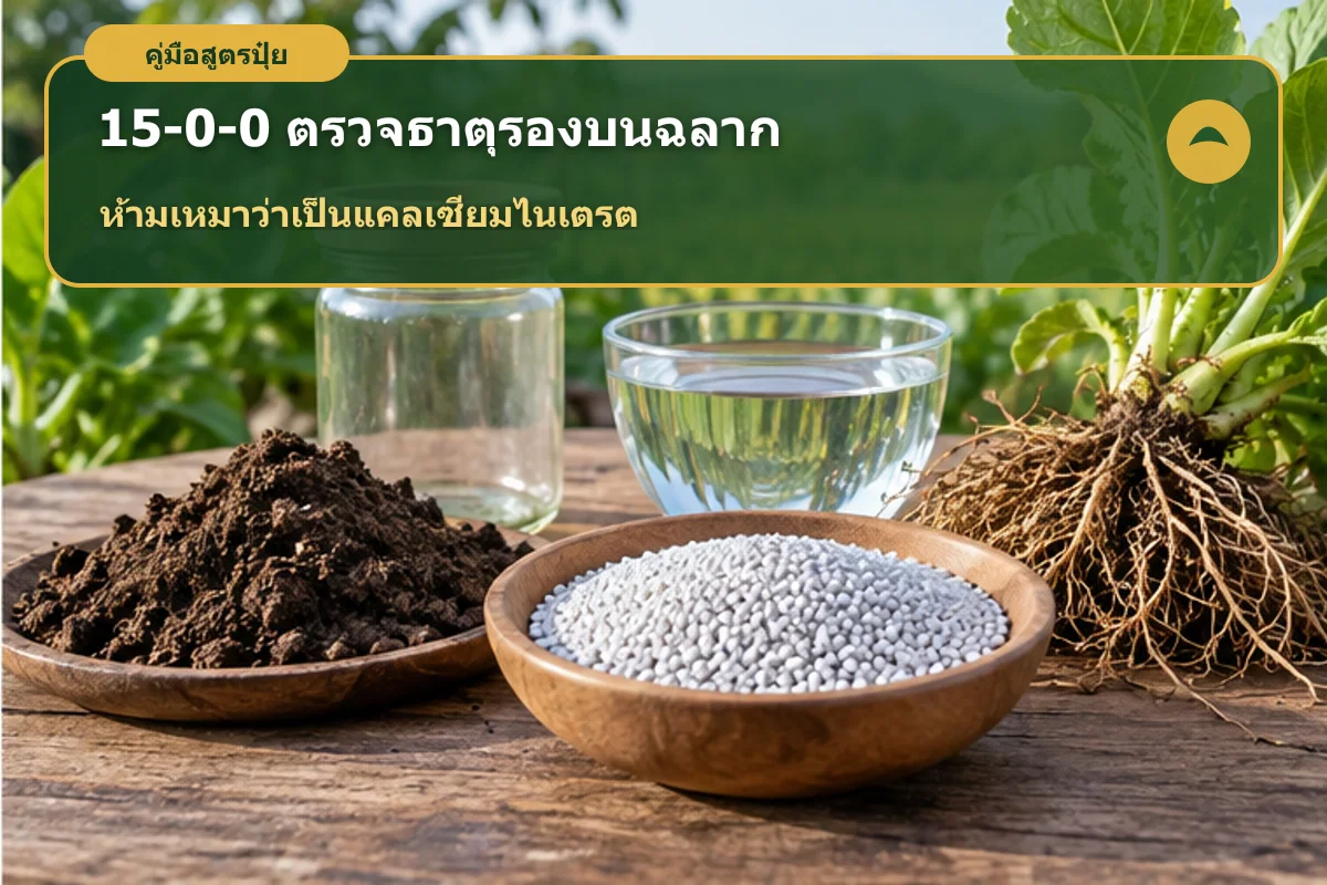 อินโฟกราฟิกปุ๋ย 15-0-0 อธิบายว่าเลขสูตรรับรองไนโตรเจนแต่ไม่ยืนยันแคลเซียมไนเตรต