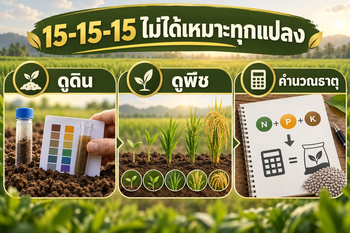 อินโฟกราฟิกปุ๋ย 15-15-15 ดูผลดิน ดูพืช และคำนวณธาตุก่อนใช้