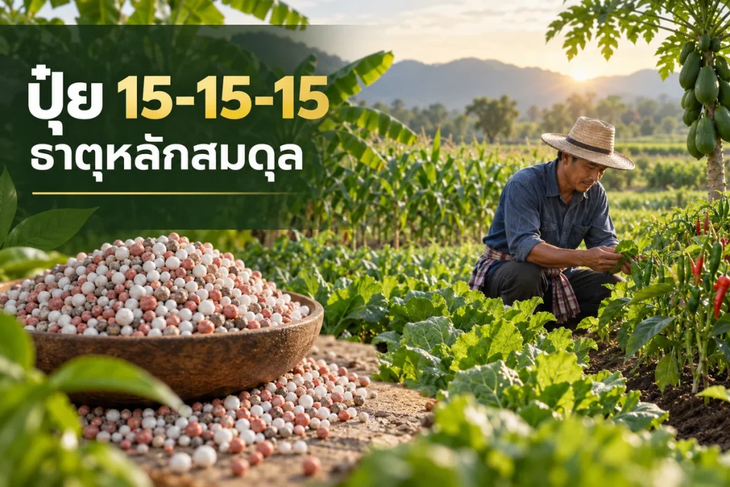 ภาพปกปุ๋ยสูตร 15-15-15 ธาตุหลักสมดุล พร้อมข้อความบนภาพ