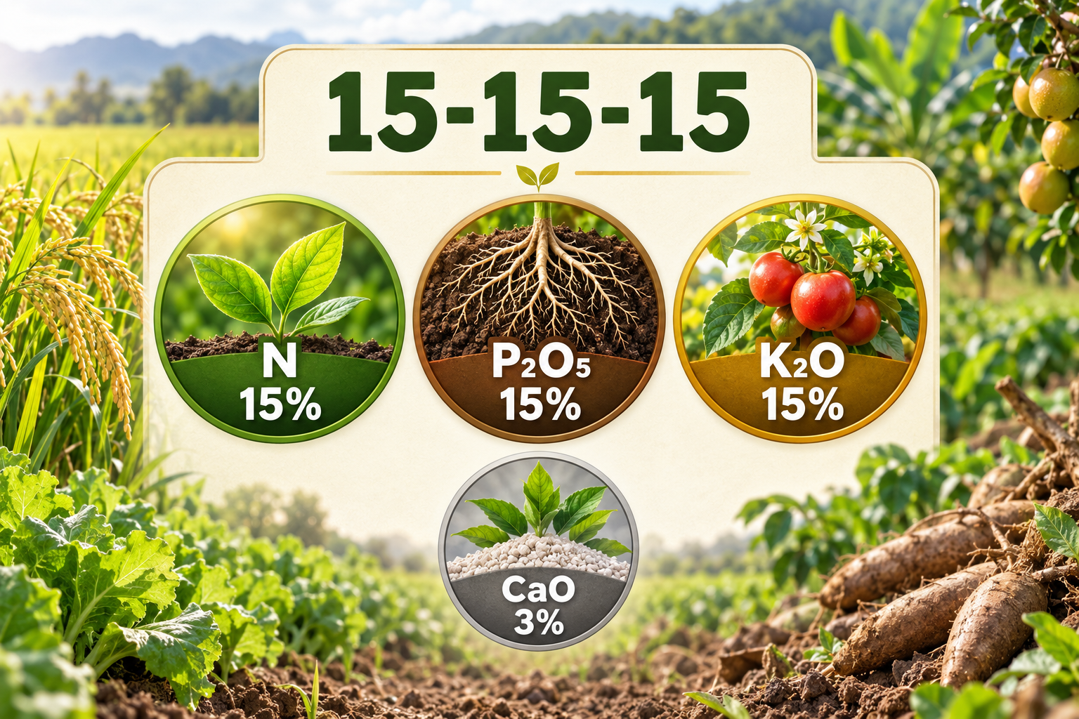 แผนภาพธาตุอาหารปุ๋ยสูตร 15-15-15 ประกอบด้วย N P₂O₅ และ K₂O อย่างละ 15 เปอร์เซ็นต์ พร้อม CaO 3 เปอร์เซ็นต์