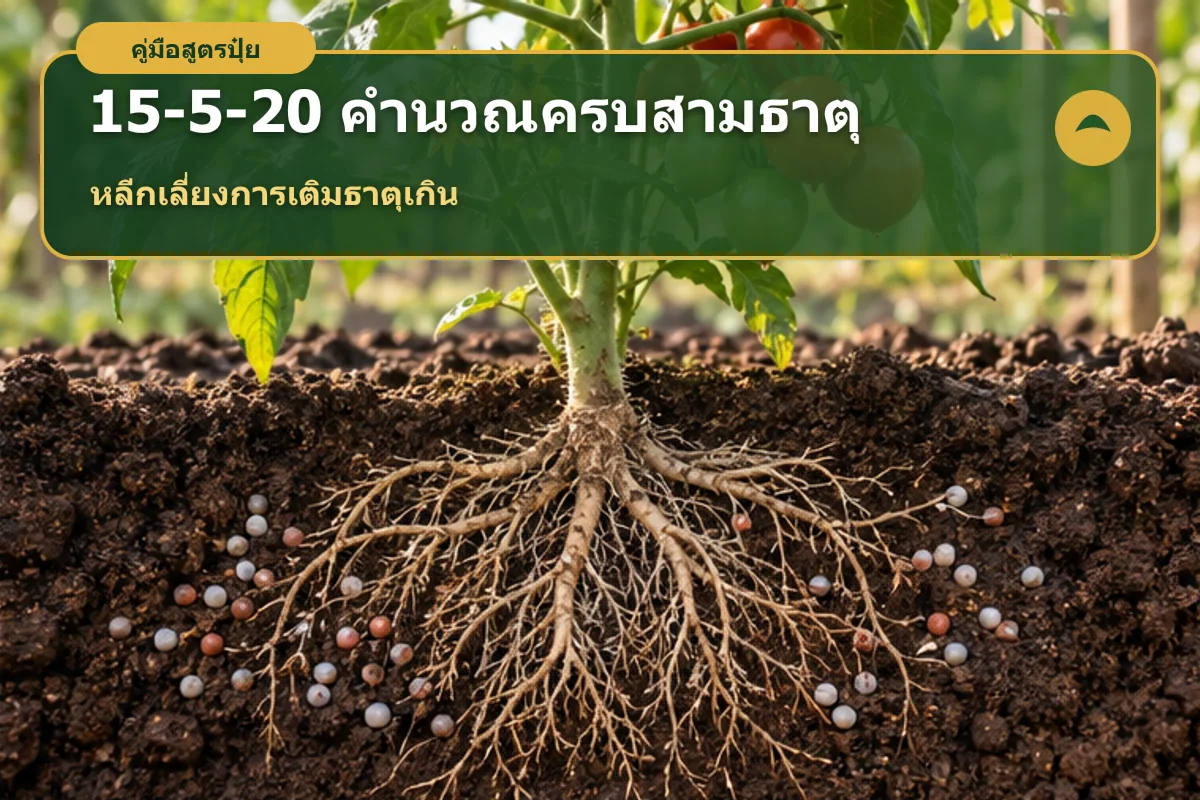 อินโฟกราฟิกปุ๋ย 15-5-20 แนะนำให้ดูผลดิน ระยะพืช และคำนวณธาตุก่อนใช้