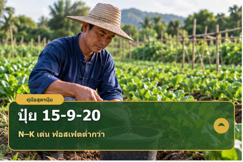 หน้าปกคู่มือปุ๋ยสูตร 15-9-20 สำหรับเลือกใช้และคำนวณตามผลวิเคราะห์ดิน