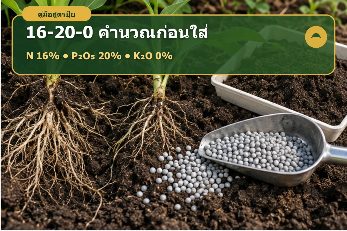 อินโฟกราฟิกปุ๋ย 16-20-0 แนะนำให้ตรวจโพแทสเซียมในดินและคำนวณธาตุส่วนขาด