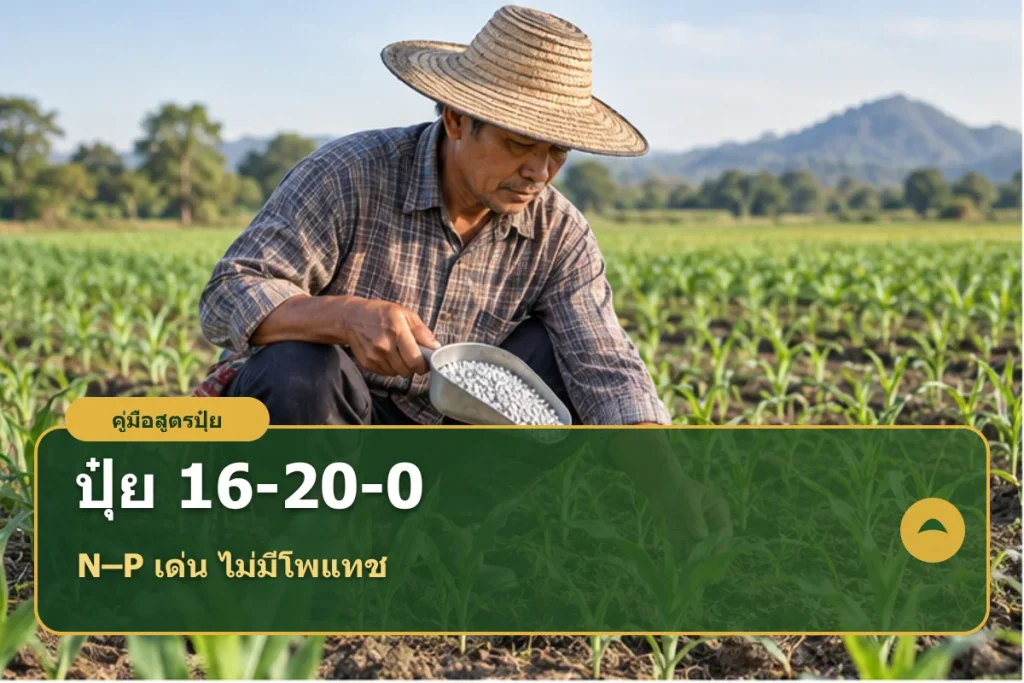 หน้าปกปุ๋ยสูตร 16-20-0 ที่ให้ไนโตรเจนและฟอสเฟตโดยไม่มีโพแทชรับรอง