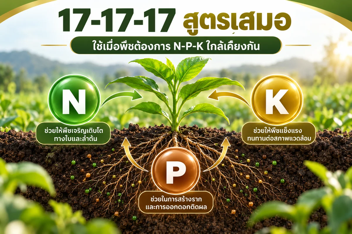 ภาพอธิบายว่าปุ๋ย 17-17-17 ควรใช้เมื่อพืชต้องการ N P และ K ใกล้เคียงกัน