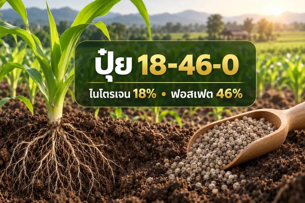 ภาพปกปุ๋ยสูตร 18-46-0 พร้อมข้อความไนโตรเจน 18% และฟอสเฟต 46%