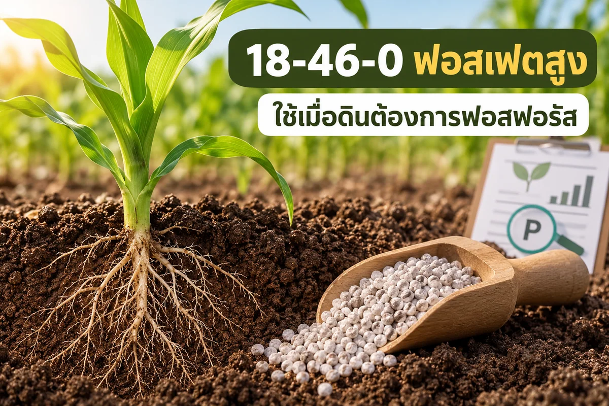 ภาพข้อความปุ๋ย 18-46-0 ฟอสเฟตสูง ใช้เมื่อดินต้องการฟอสฟอรัส