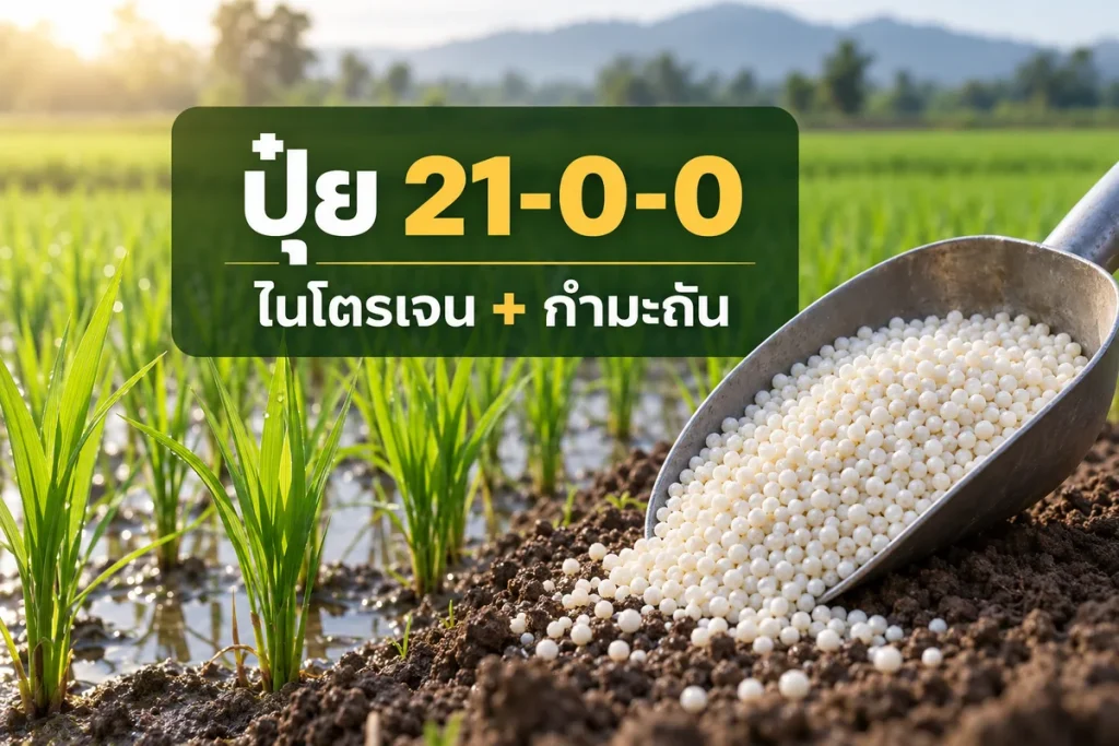 ภาพปกปุ๋ยสูตร 21-0-0 พร้อมข้อความไนโตรเจนและกำมะถัน