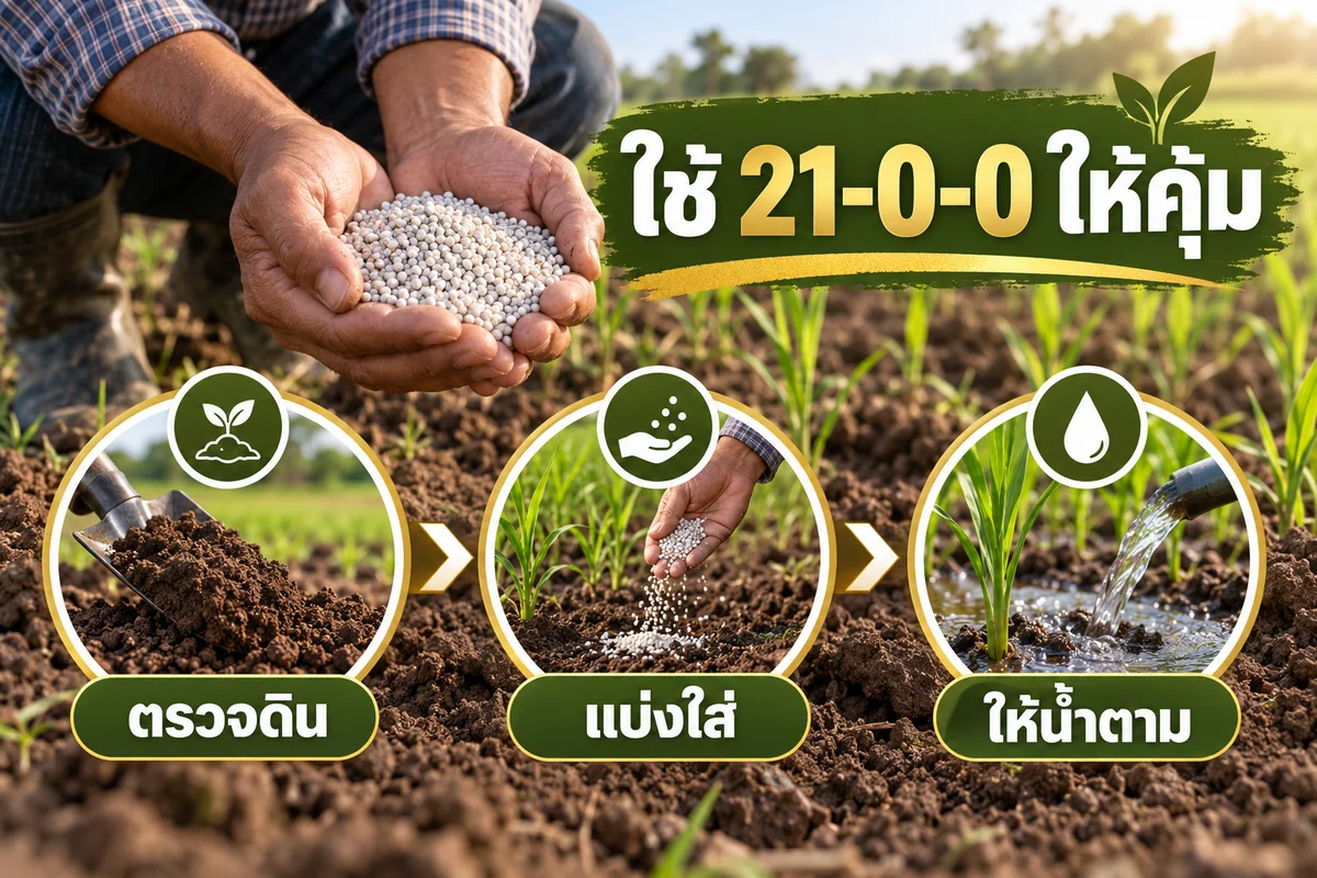 อินโฟกราฟิกแนะนำการใช้ปุ๋ย 21-0-0 ด้วยการตรวจดิน แบ่งใส่ และให้น้ำตาม