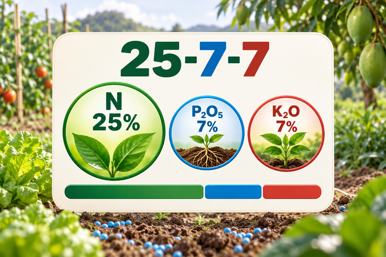 แผนภาพสัดส่วนธาตุอาหารปุ๋ยสูตร 25-7-7 คือ N 25 เปอร์เซ็นต์ P₂O₅ และ K₂O อย่างละ 7 เปอร์เซ็นต์
