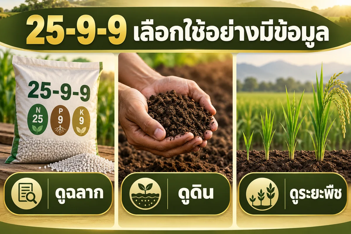 อินโฟกราฟิกปุ๋ย 25-9-9 แนะนำให้ดูฉลาก ดูดิน และดูระยะพืชก่อนใช้