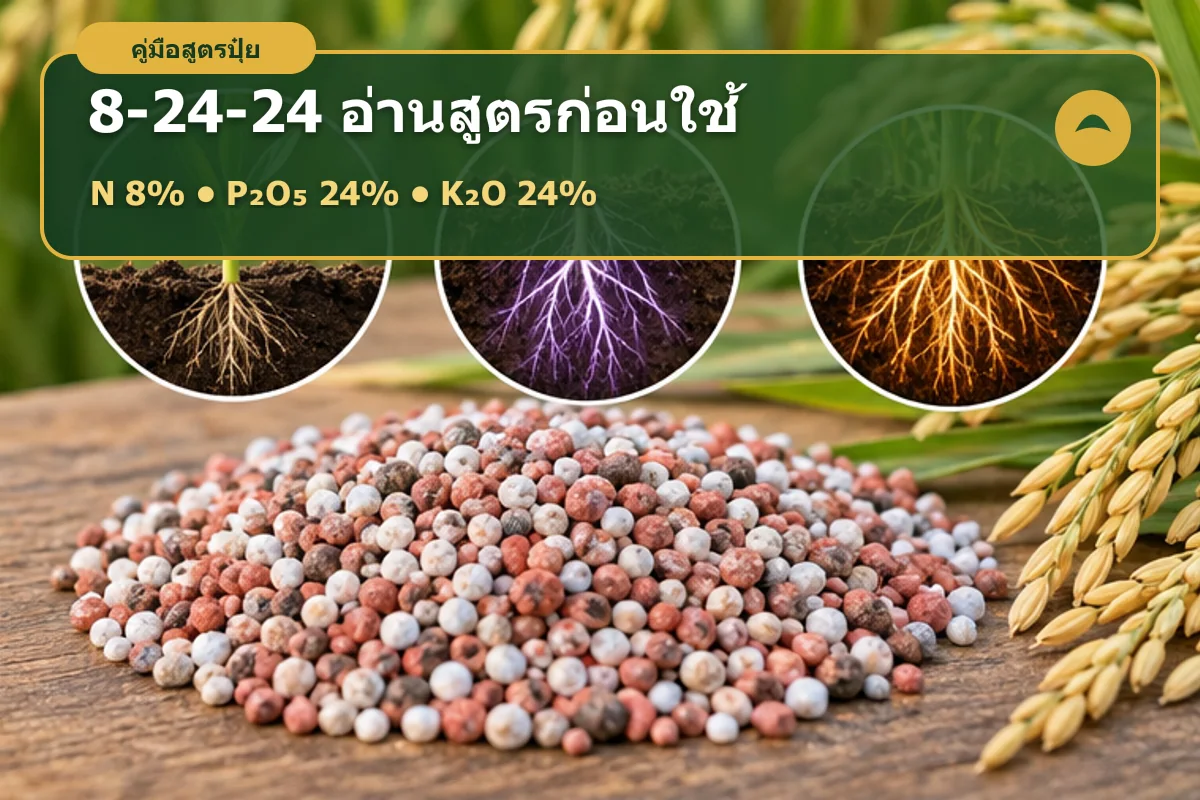 อินโฟกราฟิกสัดส่วนปุ๋ย 8-24-24 และแนวทางเลือกตามผลวิเคราะห์ดิน