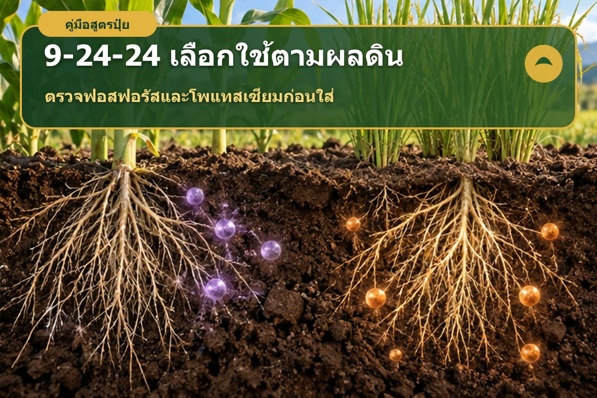 อินโฟกราฟิกขั้นตอนตรวจดิน คำนวณ และอ่านฉลากก่อนใช้ปุ๋ย 9-24-24