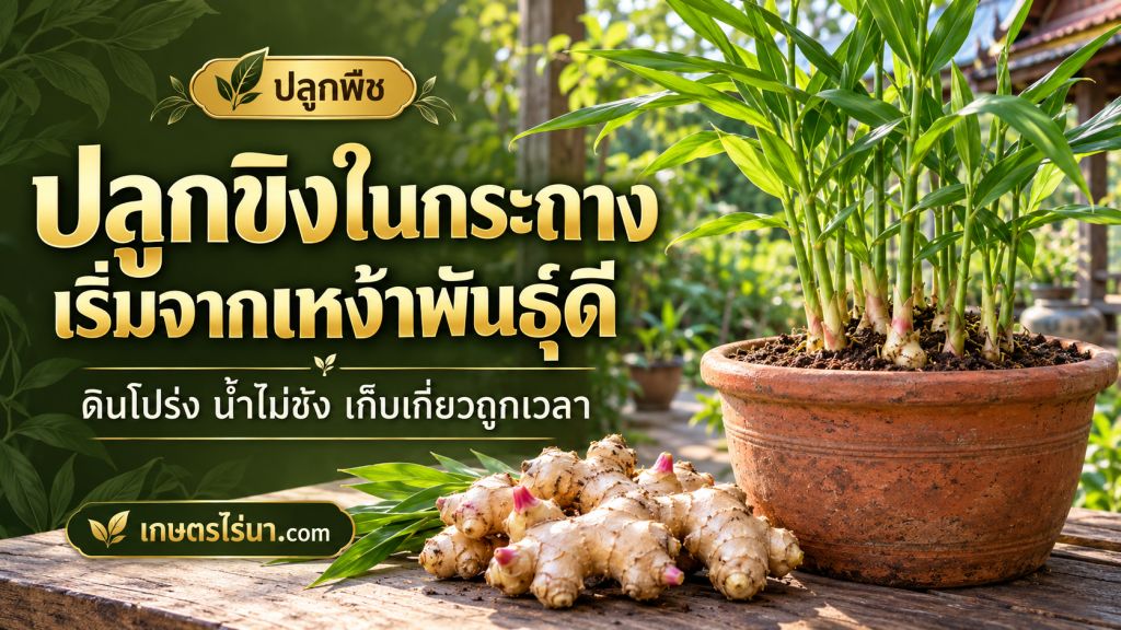 ต้นขิงในกระถางและเหง้าขิง พร้อมข้อความ ปลูกขิงในกระถาง เริ่มจากเหง้าพันธุ์ดี