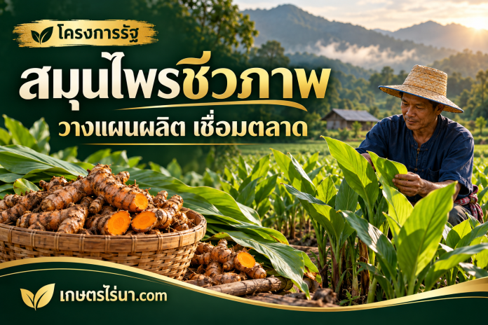 herbal-bio-cover ภาพประกอบแปลงขมิ้นและเกษตรกร พร้อมข้อความ สมุนไพรชีวภาพ วางแผนผลิต เชื่อมตลาด