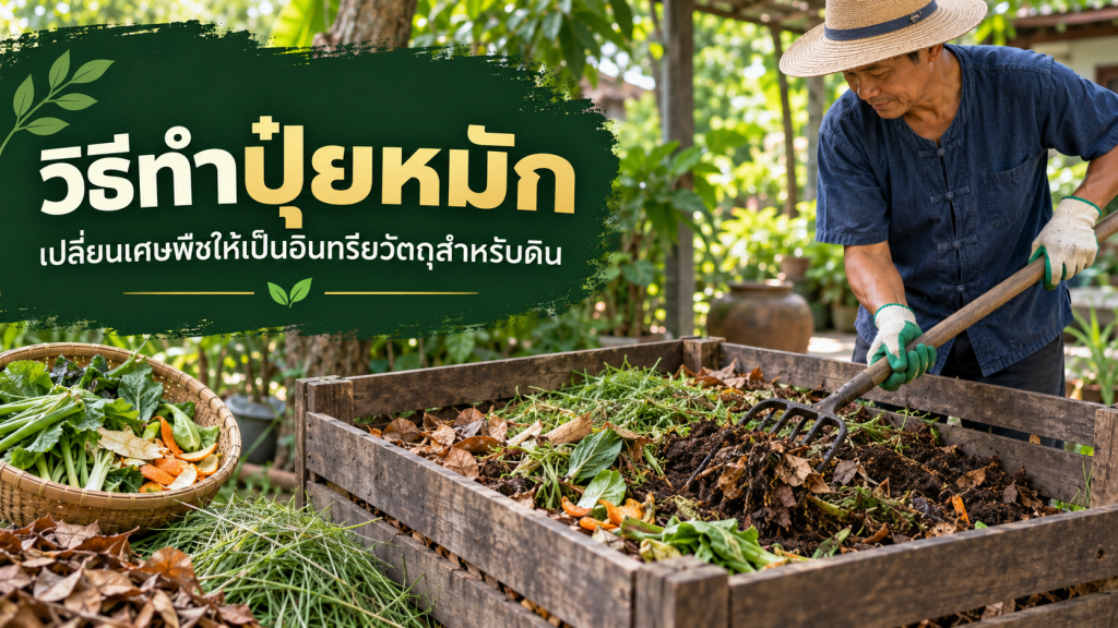 เกษตรกรกลับกองปุ๋ยหมักจากเศษพืชและใบไม้