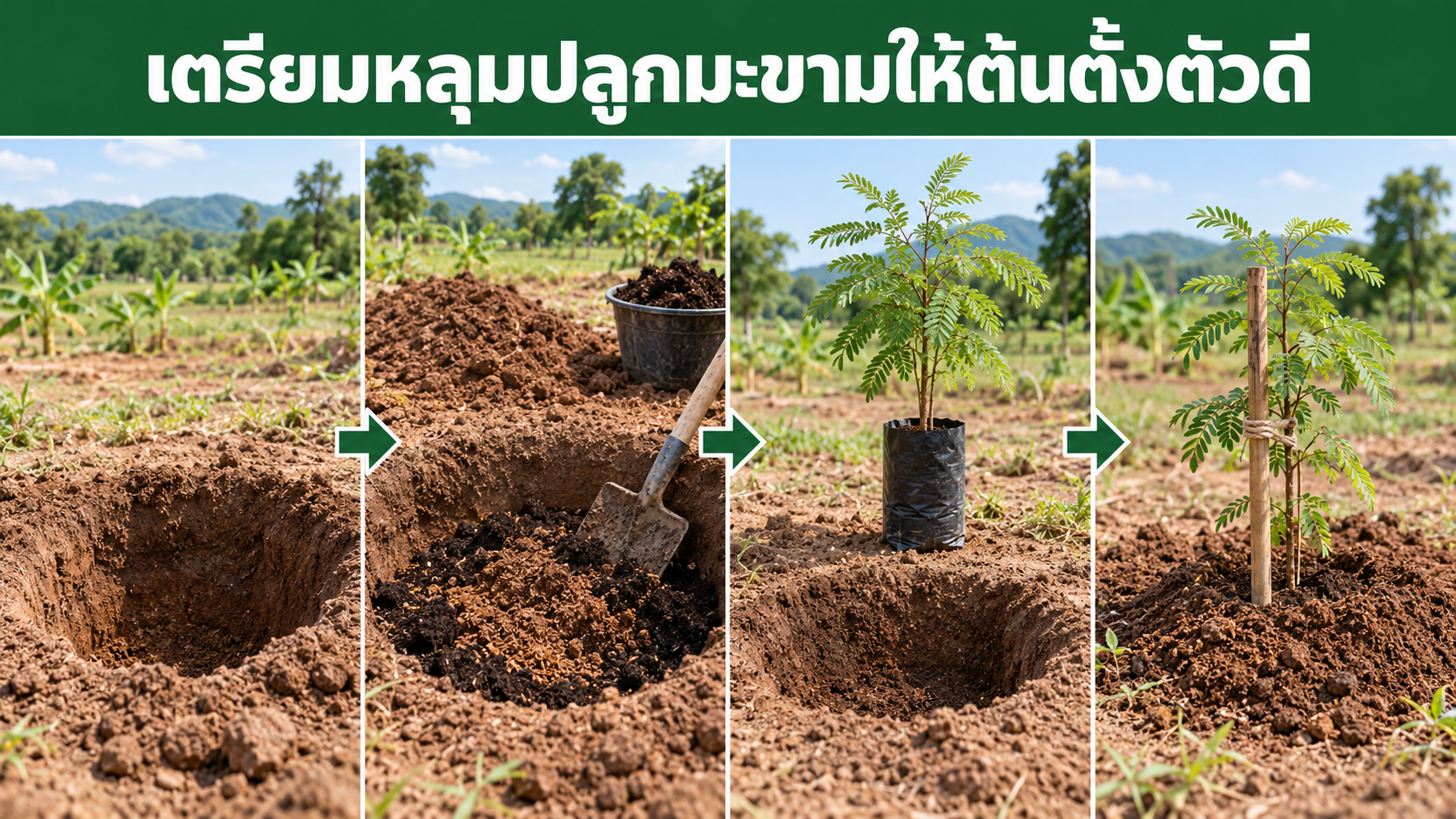 ภาพขั้นตอนเตรียมหลุม ย้ายปลูก และปักหลักต้นมะขามเปรี้ยว