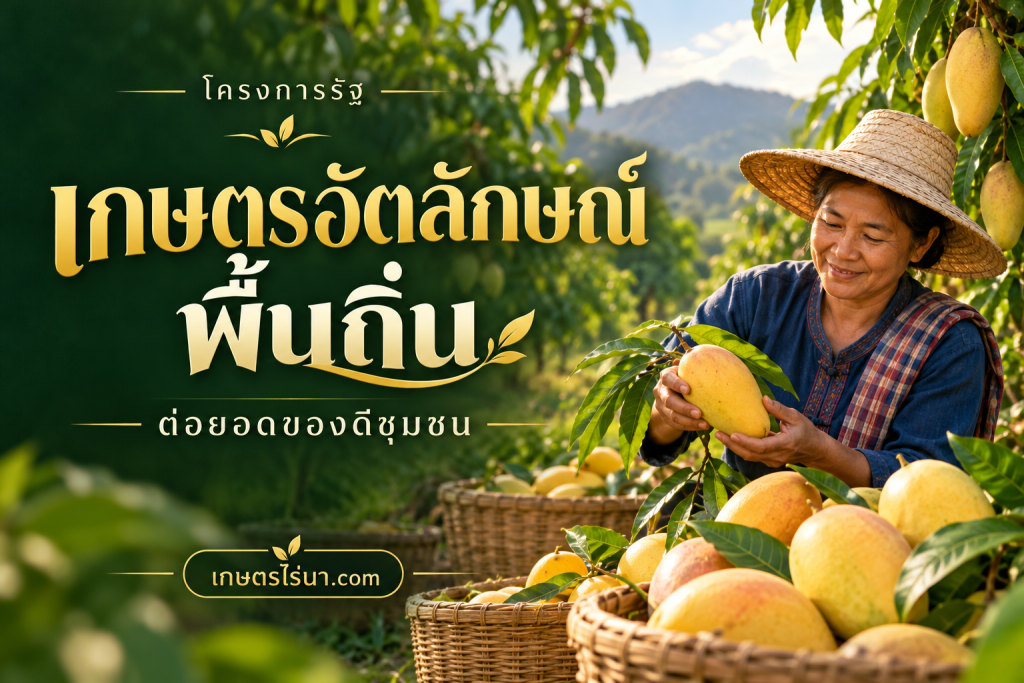 ภาพประกอบสวนมะม่วง พร้อมข้อความ เกษตรอัตลักษณ์พื้นถิ่น ต่อยอดของดีชุมชน