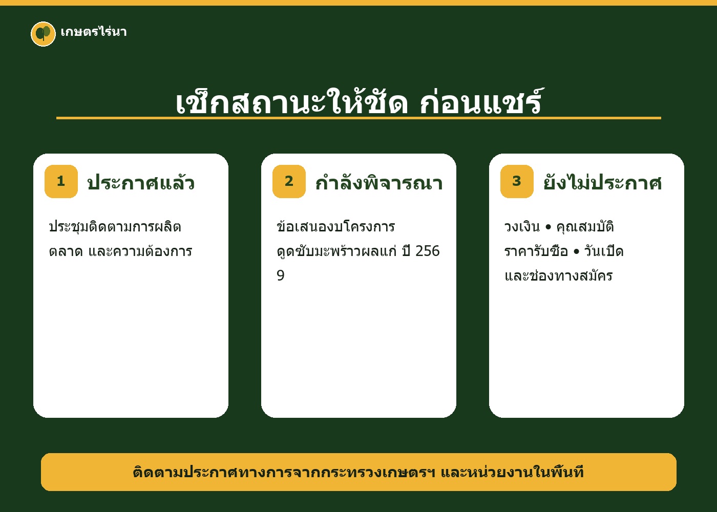 อินโฟกราฟิกสถานะโครงการดูดซับมะพร้าวผลแก่ 2569 แยกประกาศแล้ว กำลังพิจารณา และยังไม่ประกาศ
