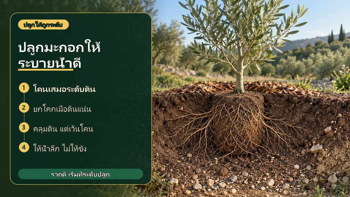 แผนภาพการปลูกมะกอกออลิฟโดยวางโคนเสมอดิน ยกโคก และเว้นวัสดุคลุมดินจากลำต้น