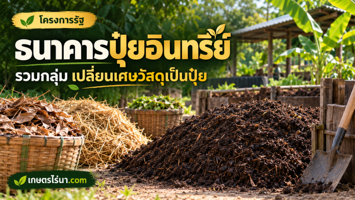 organic-fertilizer-bank-cover กองปุ๋ยหมักและเศษวัสดุเกษตร พร้อมข้อความ ธนาคารปุ๋ยอินทรีย์ รวมกลุ่ม เปลี่ยนเศษวัสดุเป็นปุ๋ย