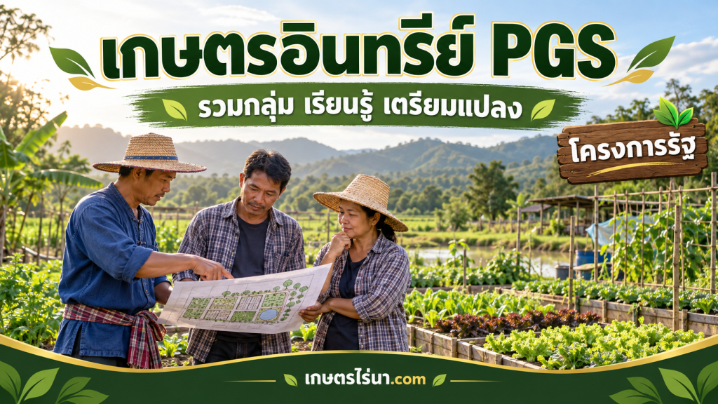 กลุ่มเกษตรกรหารือแผนแปลง พร้อมข้อความ เกษตรอินทรีย์ PGS รวมกลุ่ม เรียนรู้ เตรียมแปลง