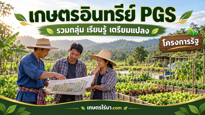 pgs-cover กลุ่มเกษตรกรหารือแผนแปลง พร้อมข้อความ เกษตรอินทรีย์ PGS รวมกลุ่ม เรียนรู้ เตรียมแปลง